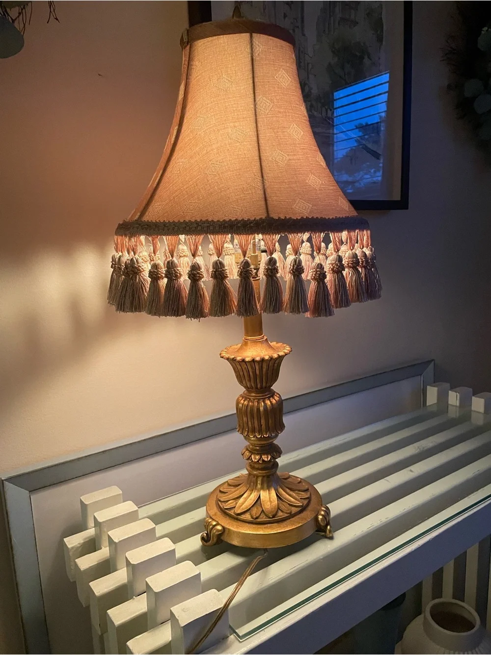 Vintage Victorian Lamp Table Tassels Ornate base Glows Beautifully